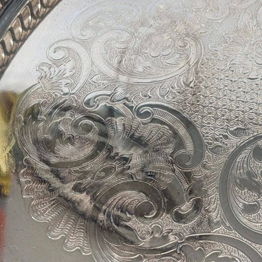 Vtg Oneida Silver Plated Oval Serving Tray Etched Floral Pierced Gallery Rim 15